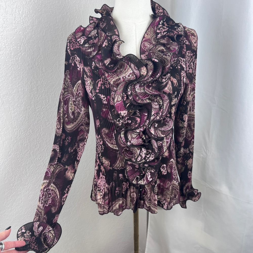 Vintage Y2K Ruffle Top Womens Medium Sheer Paisley Pleated Fairy Whimsigoth